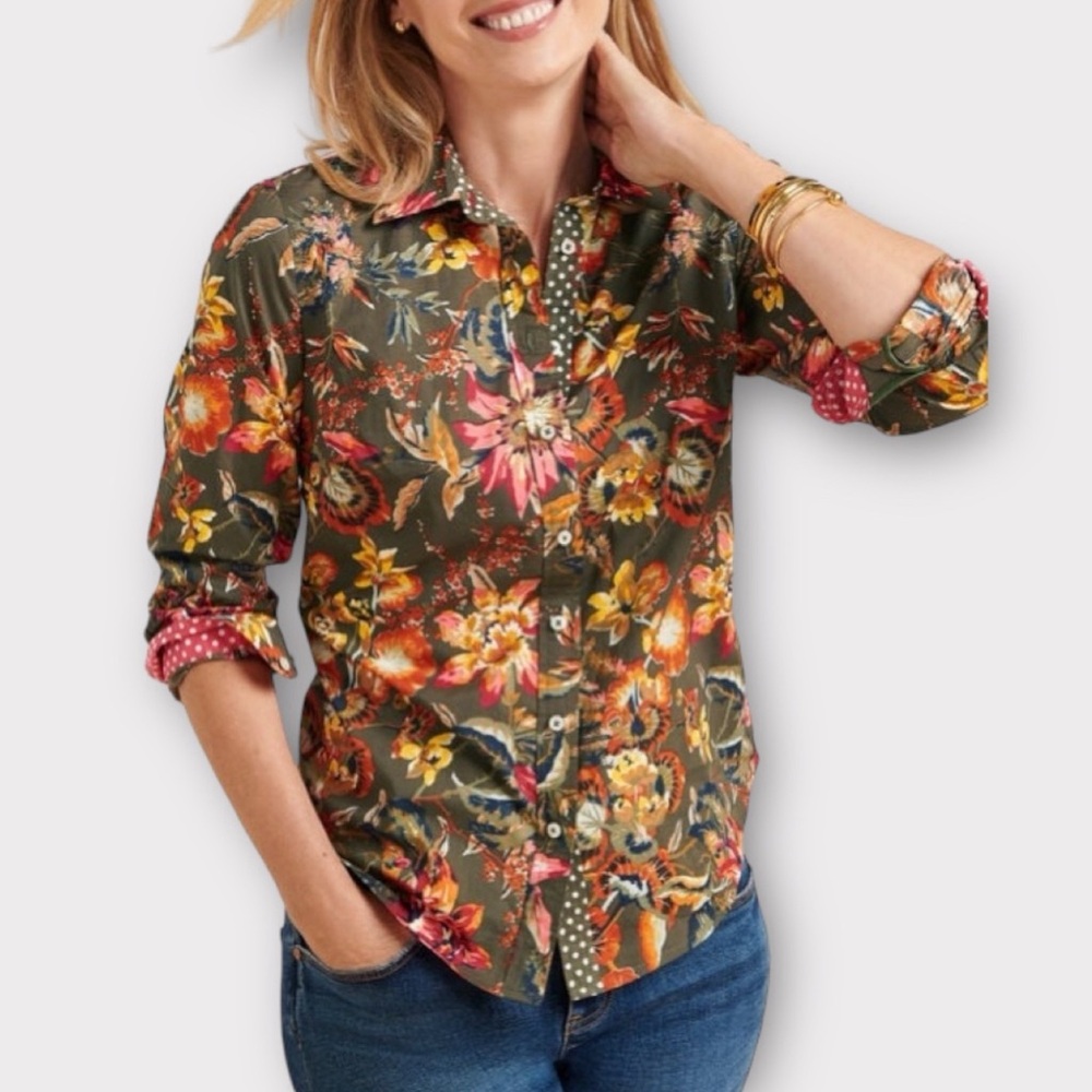 Talbots Floral Button Down Shirt - Green and Pink